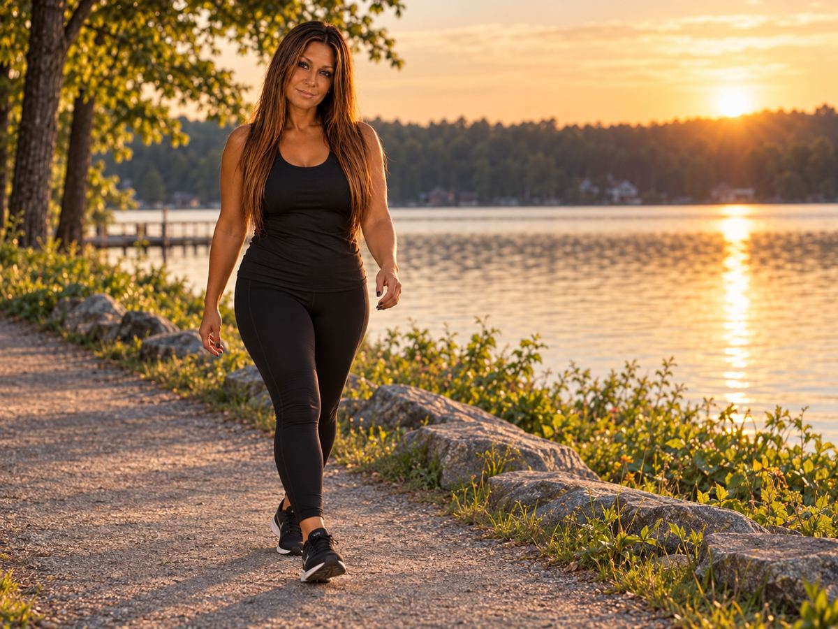 Tammy walking on a lakeside path
